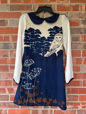 Navy Owl Print Mini Dress with White  sheer Sleeves